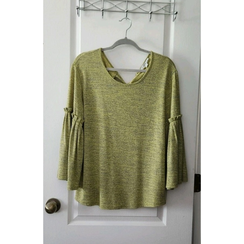 SEE AND BE SEEN Womens Knit Top Pleated Bell Long Sleeve Boho Green Yellow Sz S